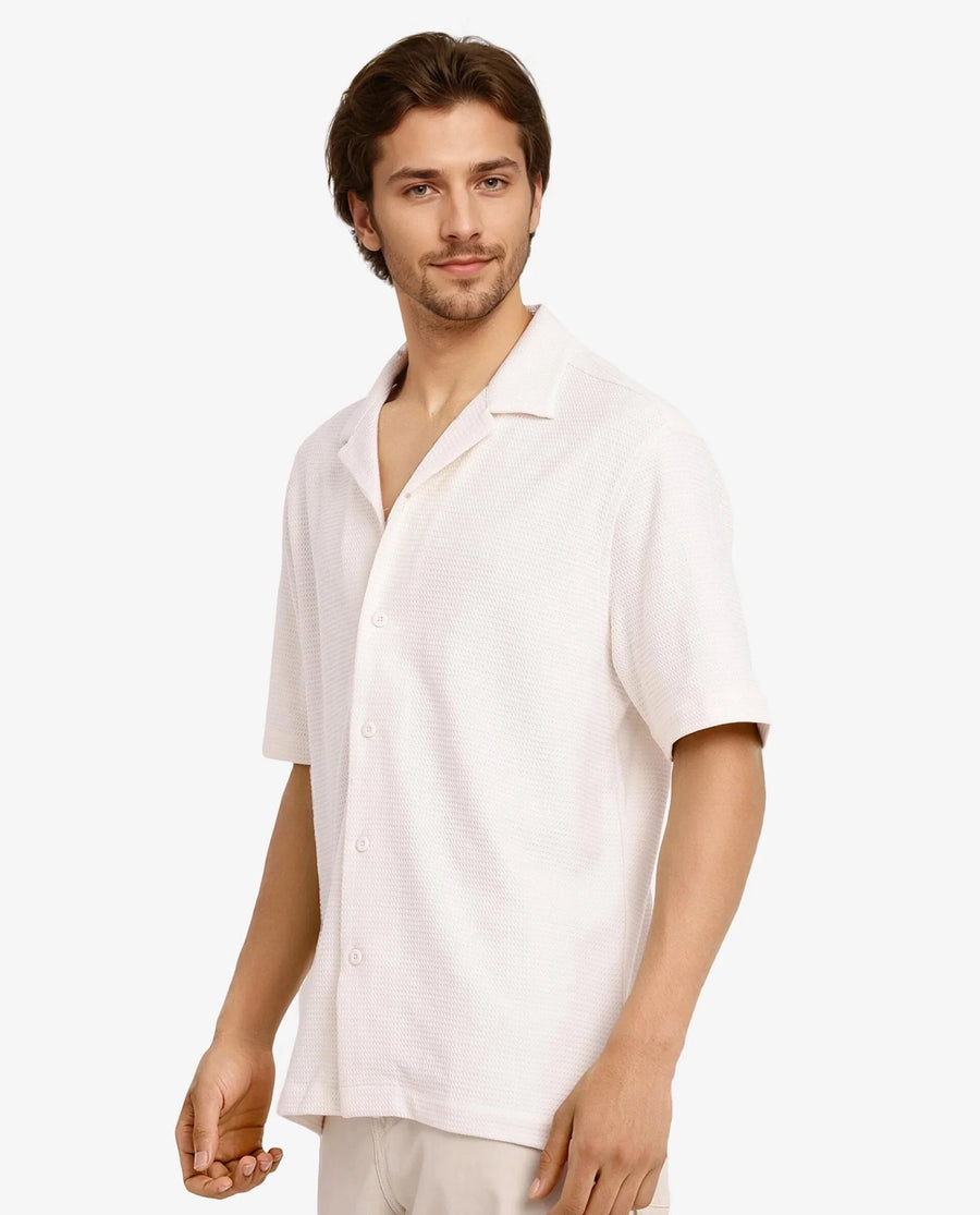 Rare Rabbit Men's Site Ss Off White Cotton Plain Boxy Fit Half Sleeve Cuban Collar Shirt