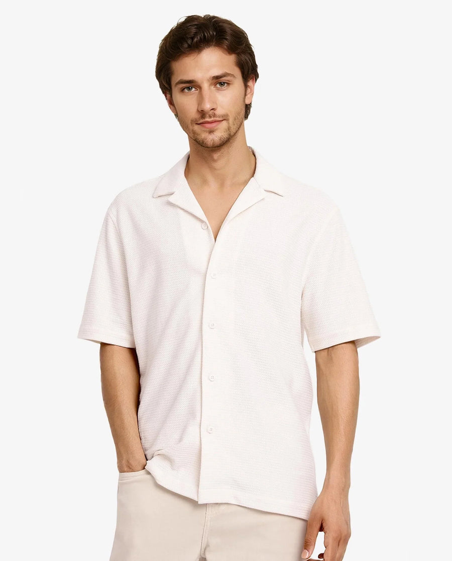 Rare Rabbit Men's Site Ss Off White Cotton Plain Boxy Fit Half Sleeve Cuban Collar Shirt