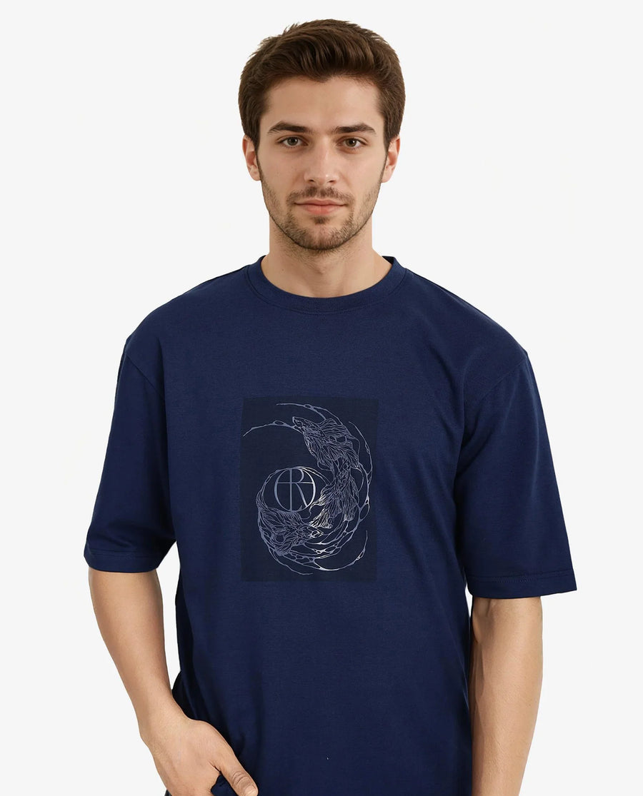Rare Rabbit Men's Skio Dusky Blue Cotton Graphic Print Oversized Fit Half Sleeve Crew Neck T-Shirt