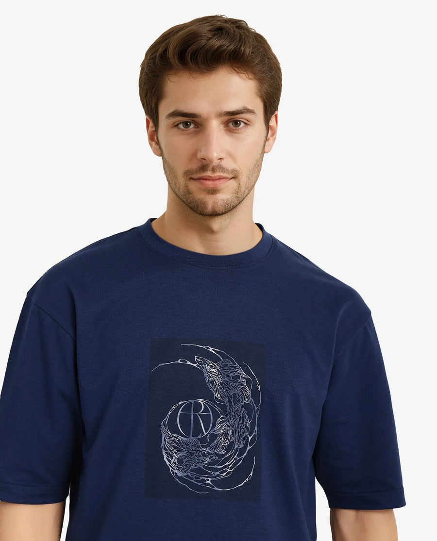 Rare Rabbit Men's Skio Dusky Blue Cotton Graphic Print Oversized Fit Half Sleeve Crew Neck T-Shirt