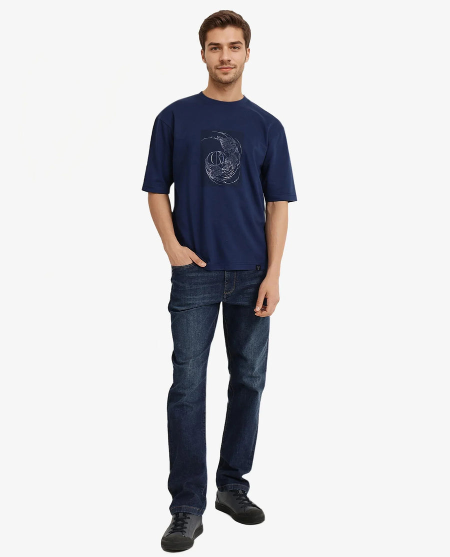 Rare Rabbit Men's Skio Dusky Blue Cotton Graphic Print Oversized Fit Half Sleeve Crew Neck T-Shirt