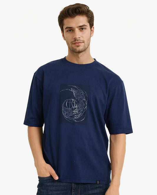 Rare Rabbit Men's Skio Dusky Blue Cotton Graphic Print Oversized Fit Half Sleeve Crew Neck T-Shirt