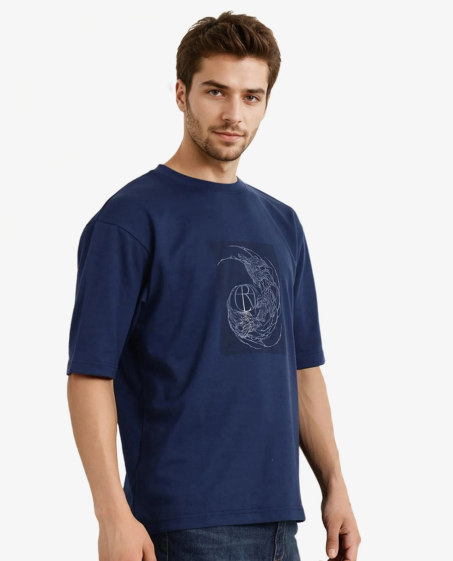 Rare Rabbit Men's Skio Dusky Blue Cotton Graphic Print Oversized Fit Half Sleeve Crew Neck T-Shirt