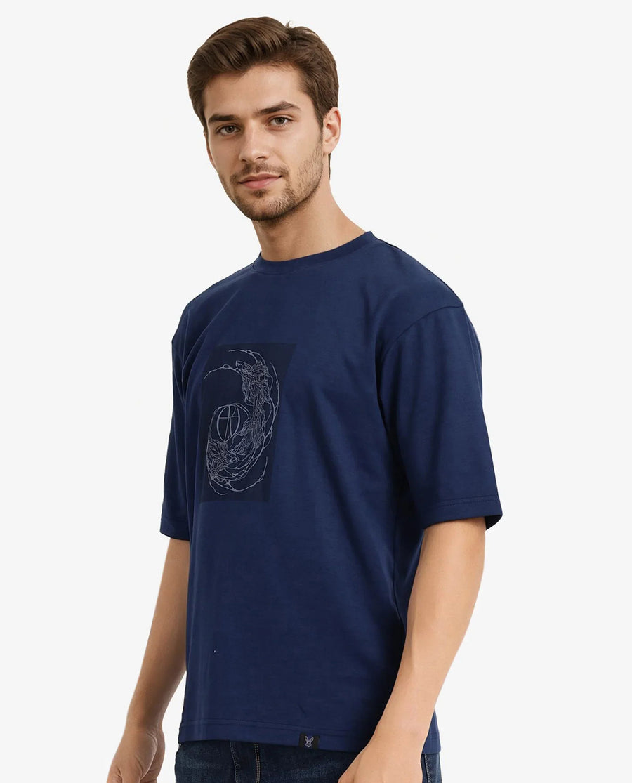 Rare Rabbit Men's Skio Dusky Blue Cotton Graphic Print Oversized Fit Half Sleeve Crew Neck T-Shirt