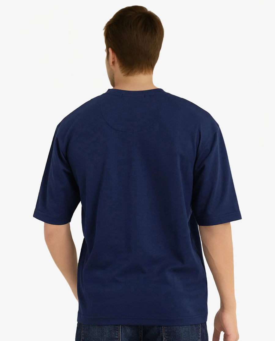 Rare Rabbit Men's Skio Dusky Blue Cotton Graphic Print Oversized Fit Half Sleeve Crew Neck T-Shirt