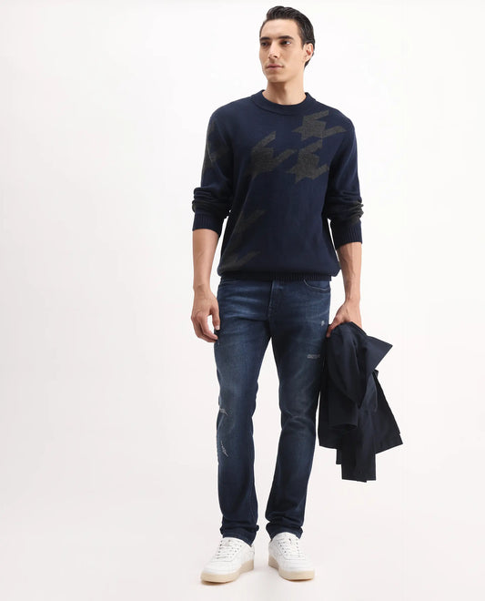 Rare Rabbit Men's Snugh Navy Cotton Blend Plain Hawk Slim Fit Jeans