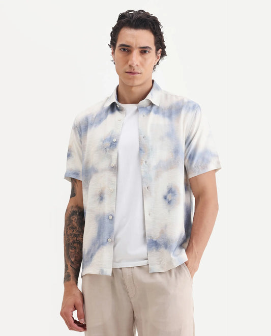 Rare Rabbit Men's Sove Off White Viscose Blend Fabric Collared Neck Regular Fit Printed Shirt