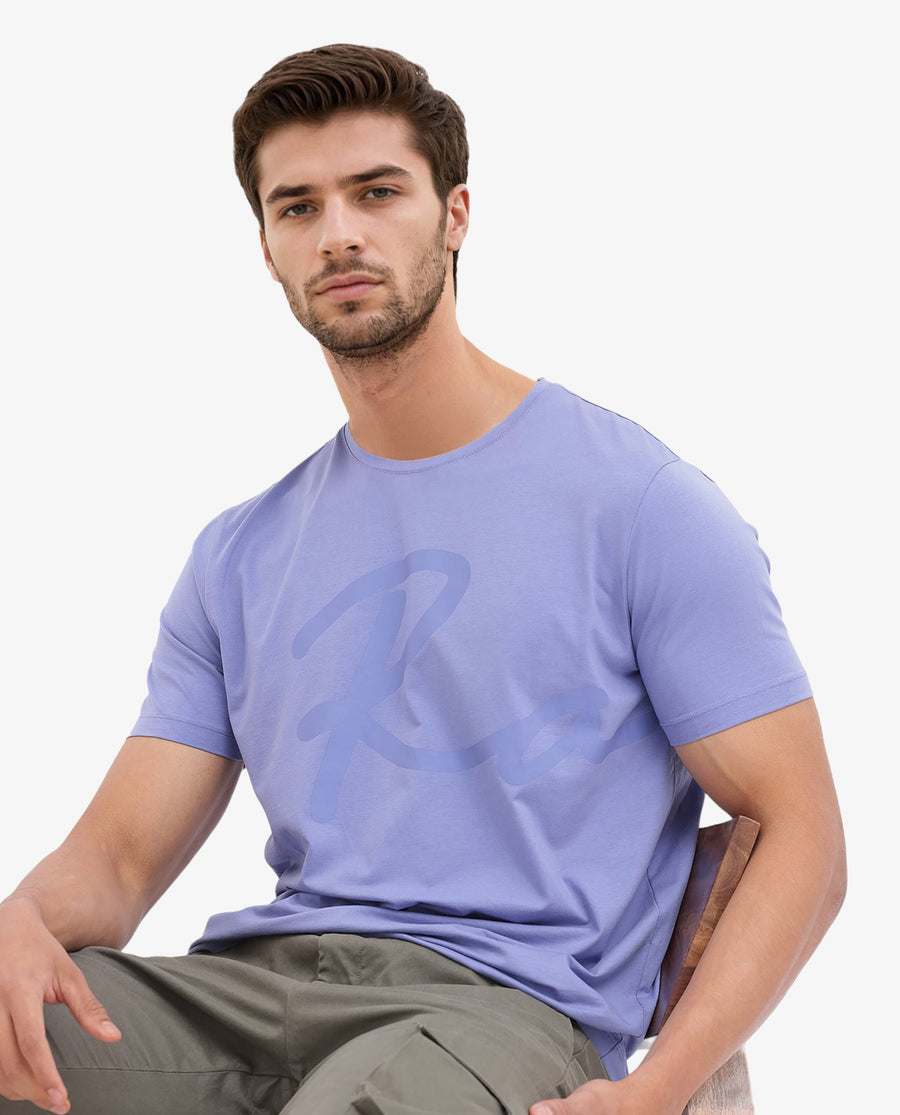 Rare Rabbit Men's Stamp2 Purple Cotton Blend Graphic Print Regular Fit Half Sleeve Crew Neck T-Shirt