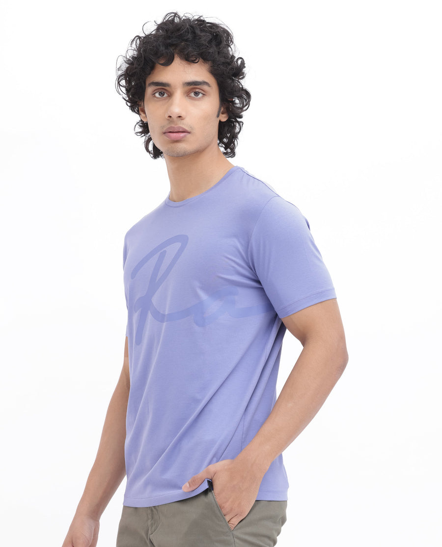 Rare Rabbit Men's Stamp2 Purple Cotton Blend Graphic Print Regular Fit Half Sleeve Crew Neck T-Shirt