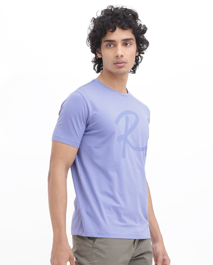 Rare Rabbit Men's Stamp2 Purple Cotton Blend Graphic Print Regular Fit Half Sleeve Crew Neck T-Shirt