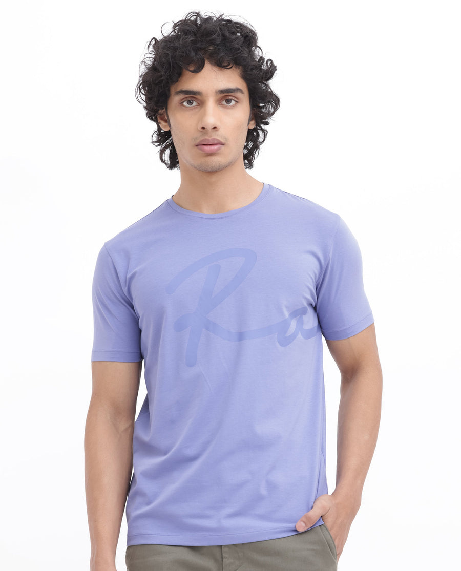 Rare Rabbit Men's Stamp2 Purple Cotton Blend Graphic Print Regular Fit Half Sleeve Crew Neck T-Shirt