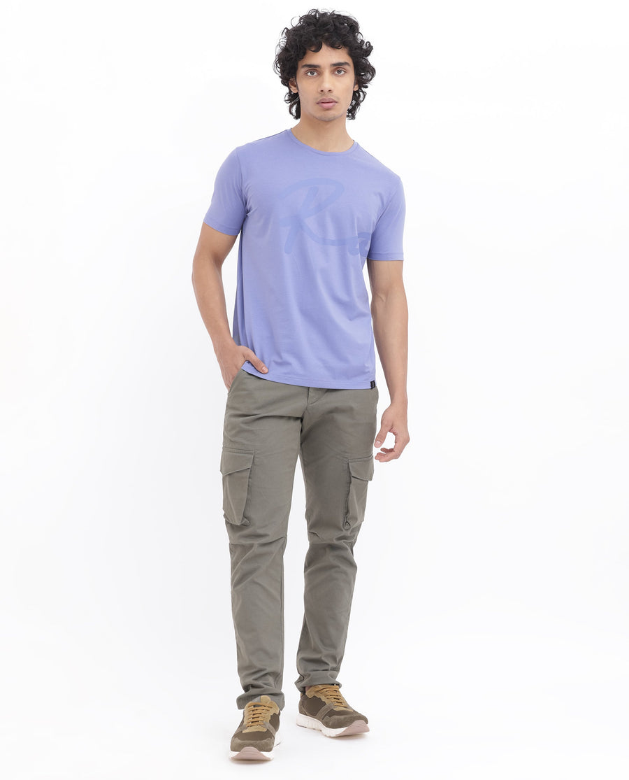 Rare Rabbit Men's Stamp2 Purple Cotton Blend Graphic Print Regular Fit Half Sleeve Crew Neck T-Shirt