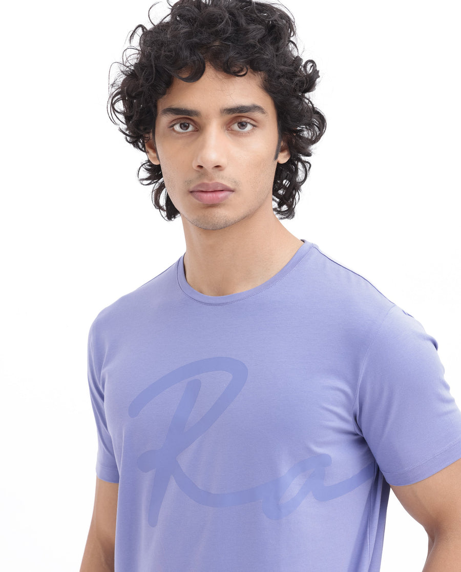 Rare Rabbit Men's Stamp2 Purple Cotton Blend Graphic Print Regular Fit Half Sleeve Crew Neck T-Shirt