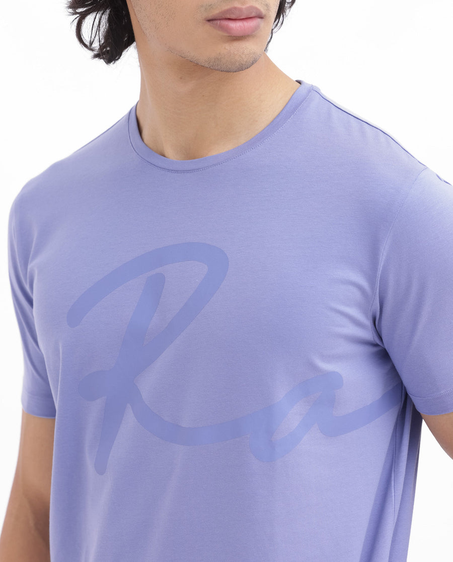 Rare Rabbit Men's Stamp2 Purple Cotton Blend Graphic Print Regular Fit Half Sleeve Crew Neck T-Shirt