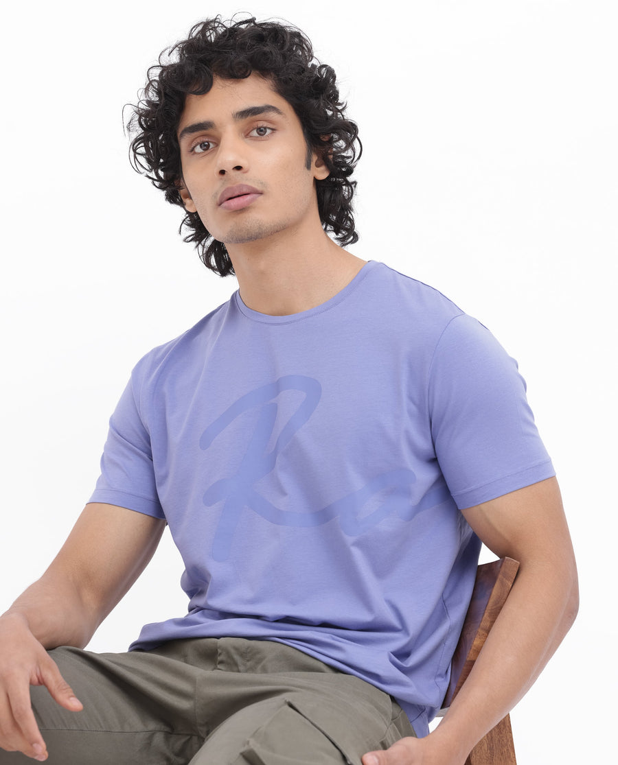 Rare Rabbit Men's Stamp2 Purple Cotton Blend Graphic Print Regular Fit Half Sleeve Crew Neck T-Shirt