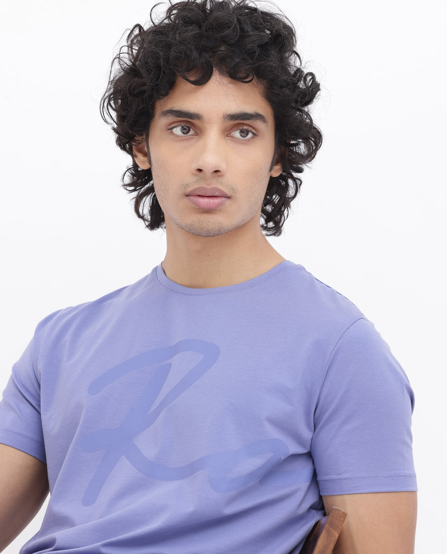 Rare Rabbit Men's Stamp2 Purple Cotton Blend Graphic Print Regular Fit Half Sleeve Crew Neck T-Shirt