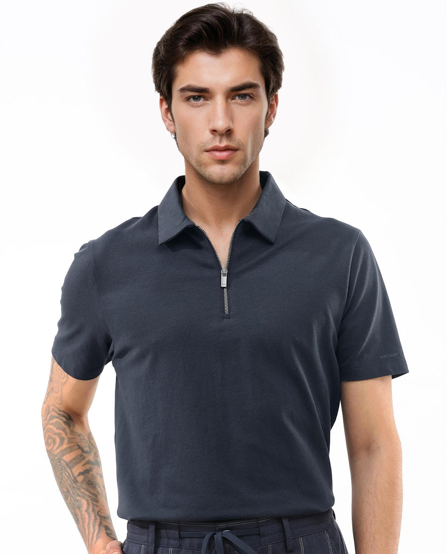 Rare Rabbit Men's Stan2 Dusky Navy Cotton Blend Plain Regular Fit Half Sleeve Polo