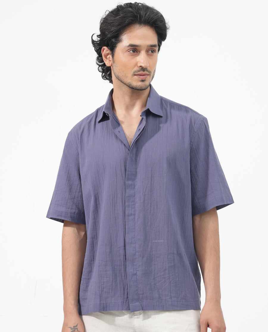 Rare Rabbit Men's Crinkle Ss Dusky Purple Cotton Plain Boxy Fit Half Sleeve Collared Shirt