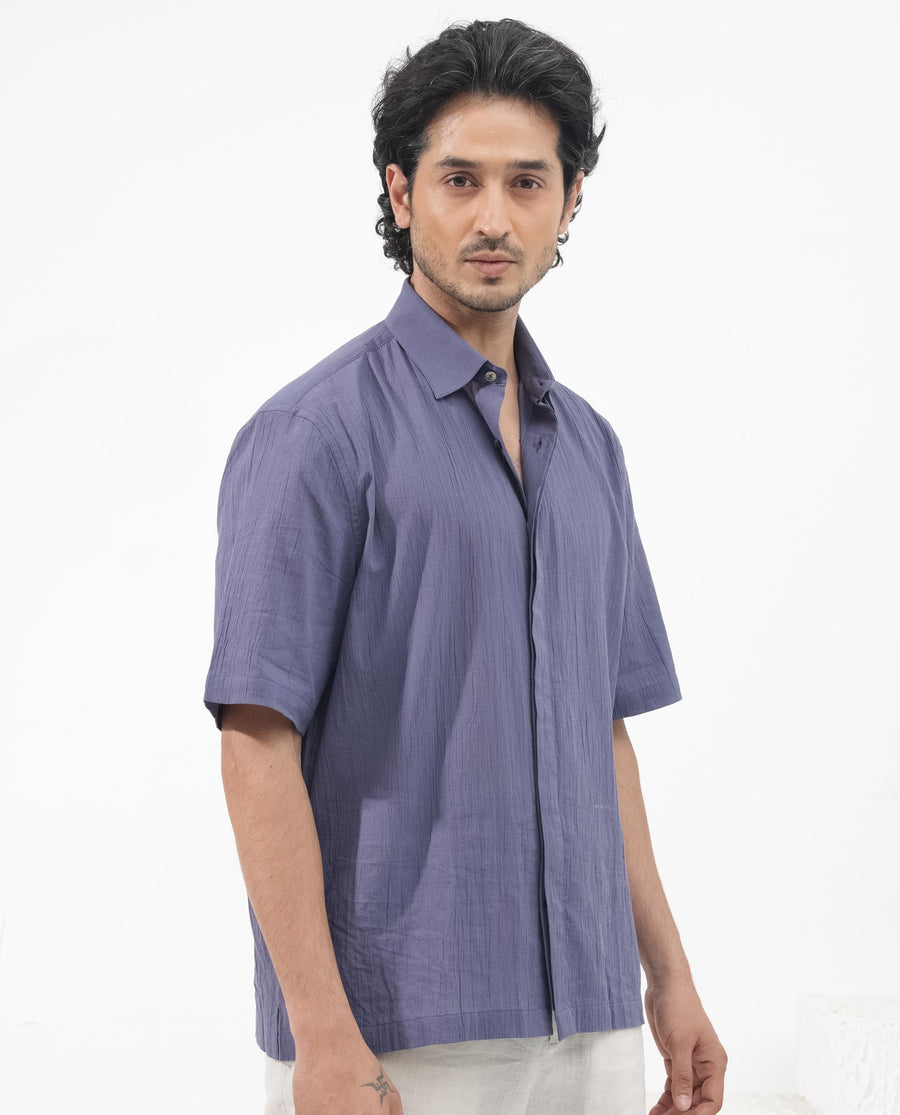 Rare Rabbit Men's Crinkle Ss Dusky Purple Cotton Plain Boxy Fit Half Sleeve Collared Shirt