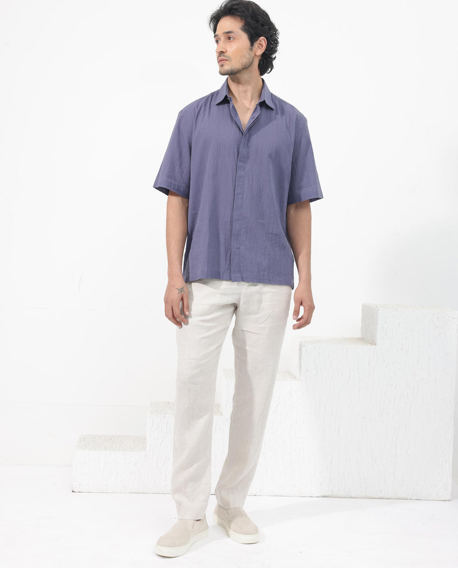 Rare Rabbit Men's Crinkle Ss Dusky Purple Cotton Plain Boxy Fit Half Sleeve Collared Shirt