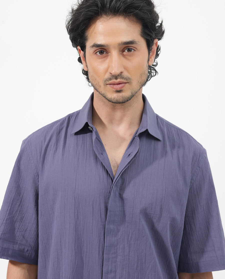 Rare Rabbit Men's Crinkle Ss Dusky Purple Cotton Plain Boxy Fit Half Sleeve Collared Shirt