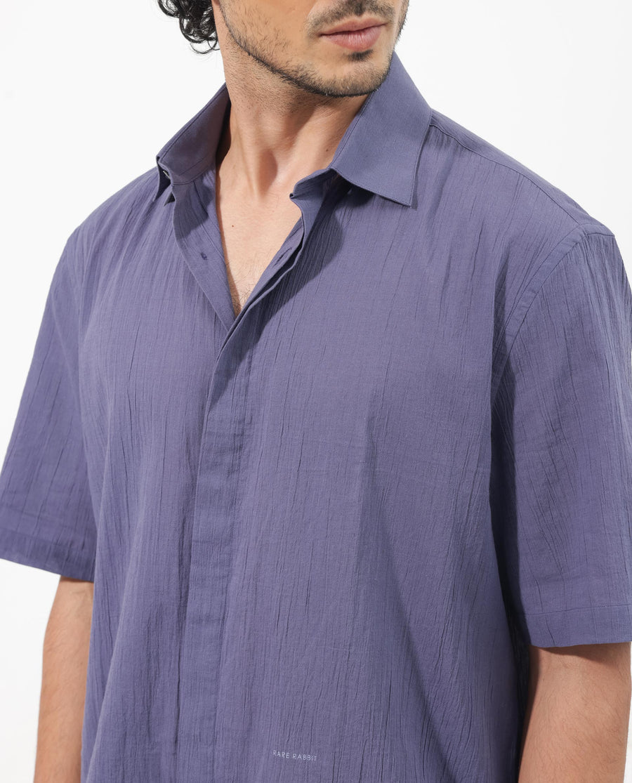 Rare Rabbit Men's Crinkle Ss Dusky Purple Cotton Plain Boxy Fit Half Sleeve Collared Shirt