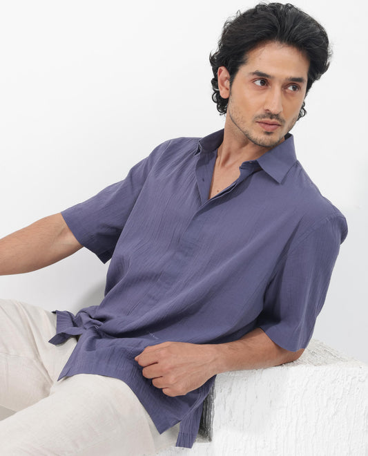 Rare Rabbit Men's Crinkle Ss Dusky Purple Cotton Plain Boxy Fit Half Sleeve Collared Shirt