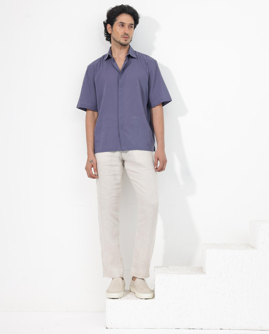 Rare Rabbit Men's Crinkle Ss Dusky Purple Cotton Plain Boxy Fit Half Sleeve Collared Shirt