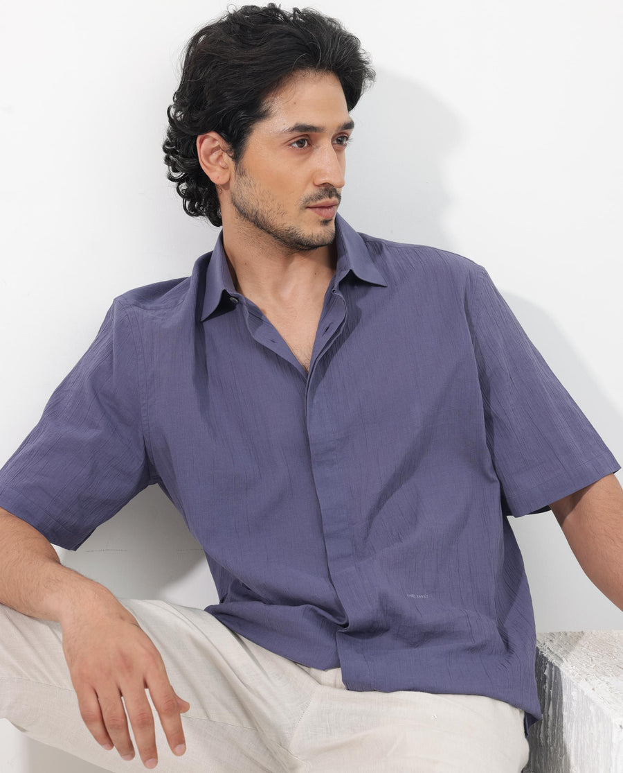 Rare Rabbit Men's Crinkle Ss Dusky Purple Cotton Plain Boxy Fit Half Sleeve Collared Shirt