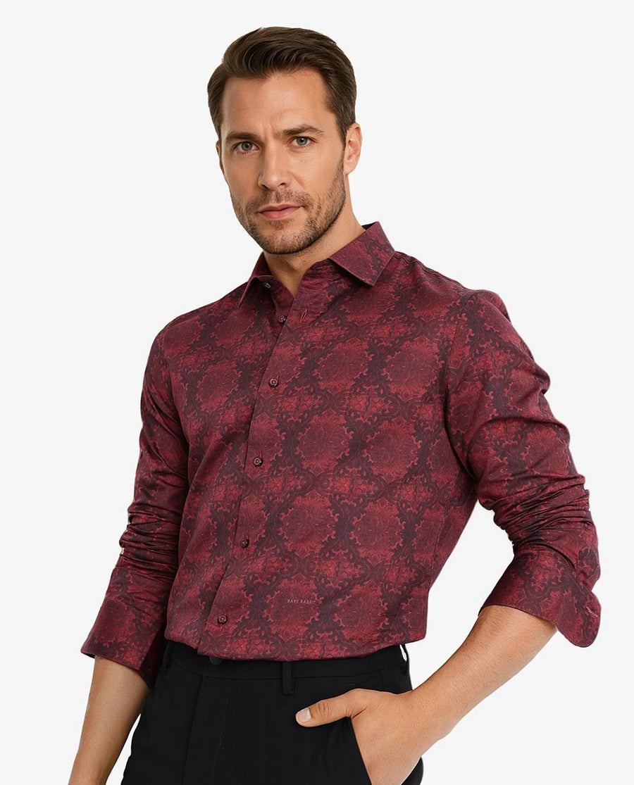 Rare Rabbit Men's Steno Maroon Cotton Decorative Print Regular Fit Full Sleeve Collared Shirt