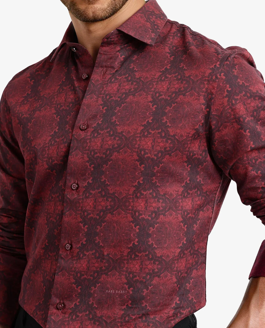 Rare Rabbit Men's Steno Maroon Cotton Decorative Print Regular Fit Full Sleeve Collared Shirt