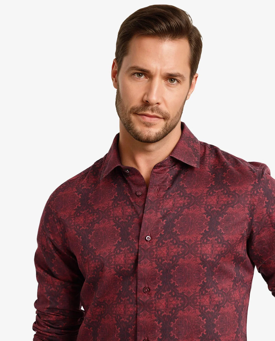 Rare Rabbit Men's Steno Maroon Cotton Decorative Print Regular Fit Full Sleeve Collared Shirt