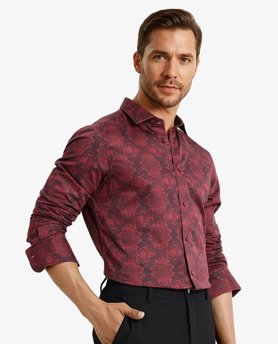 Rare Rabbit Men's Steno Maroon Cotton Decorative Print Regular Fit Full Sleeve Collared Shirt