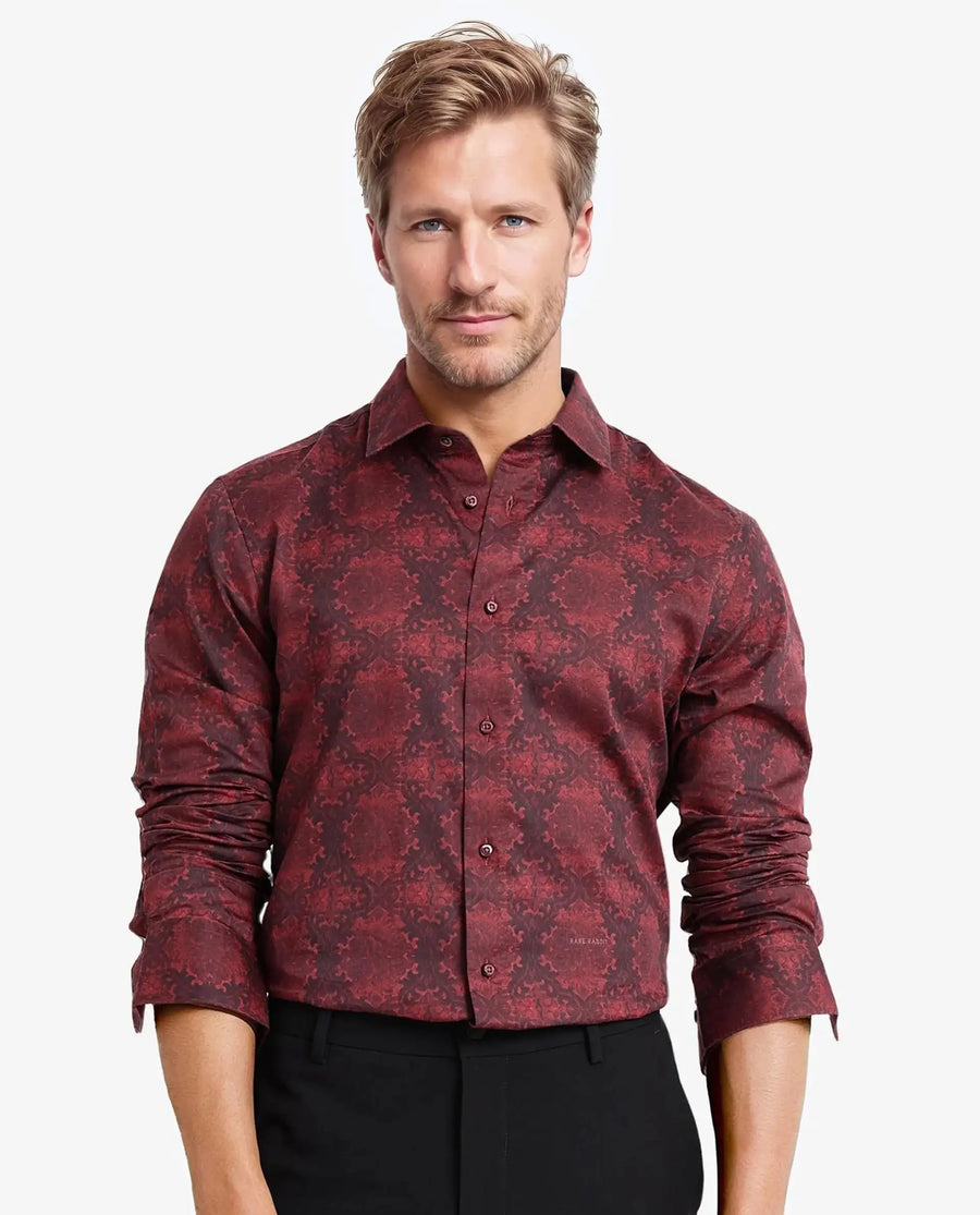 Rare Rabbit Men's Steno Maroon Cotton Decorative Print Regular Fit Full Sleeve Collared Shirt