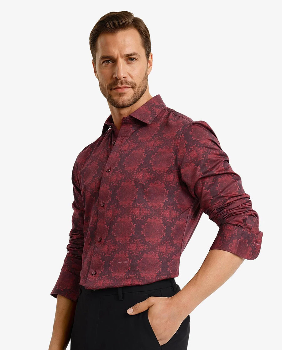 Rare Rabbit Men's Steno Maroon Cotton Decorative Print Regular Fit Full Sleeve Collared Shirt