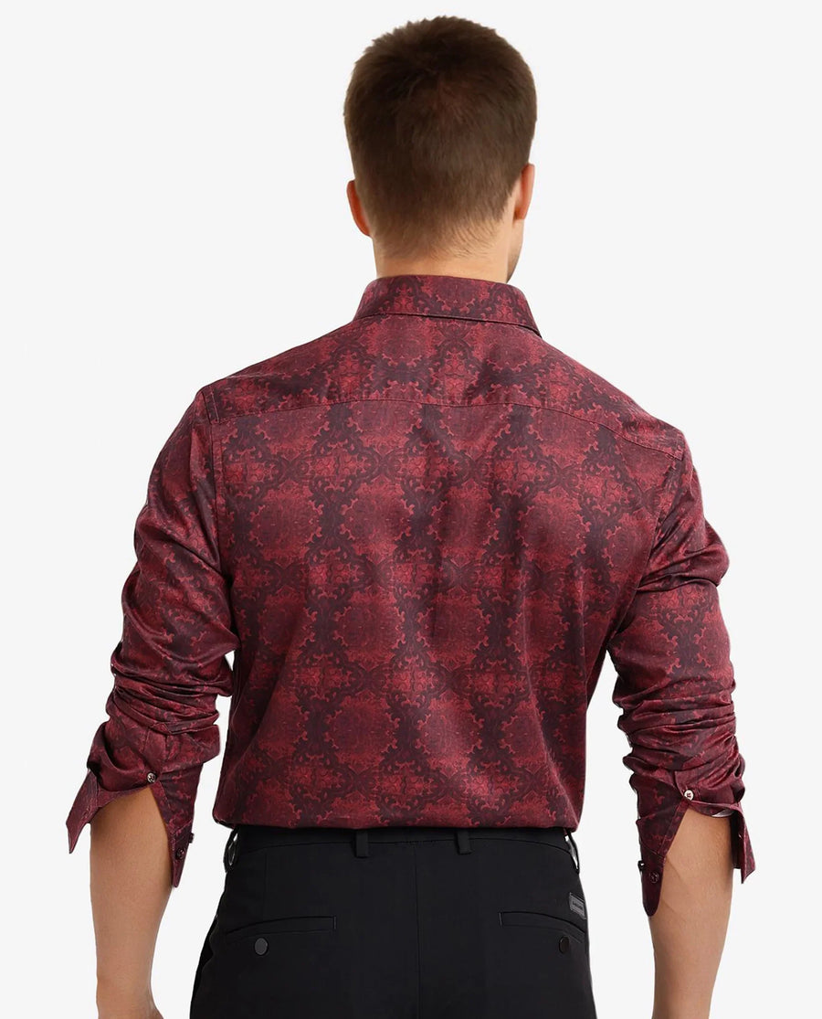 Rare Rabbit Men's Steno Maroon Cotton Decorative Print Regular Fit Full Sleeve Collared Shirt