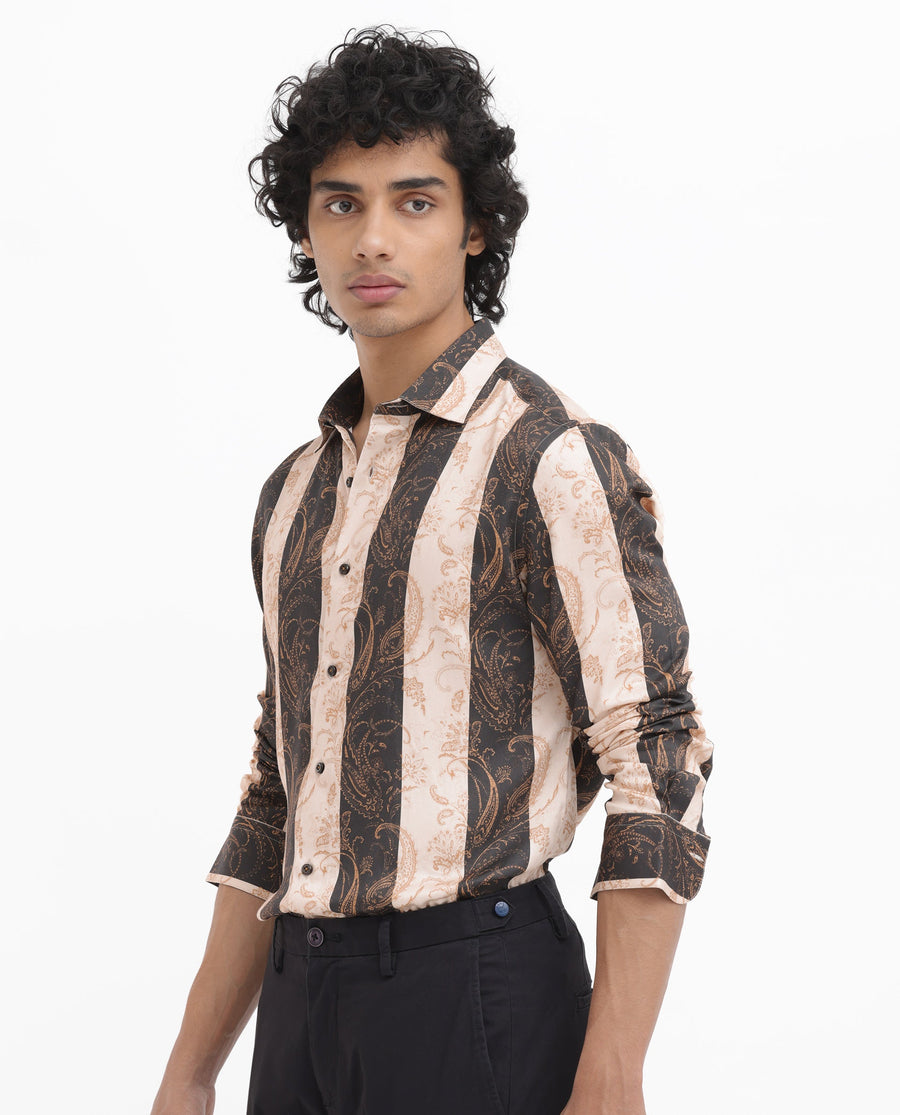 Rare Rabbit Men's Faben Beige Viscose Paisley Print Regular Fit Full Sleeve Collared Shirt
