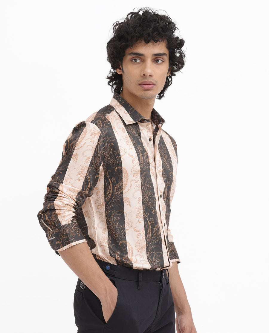 Rare Rabbit Men's Faben Beige Viscose Paisley Print Regular Fit Full Sleeve Collared Shirt