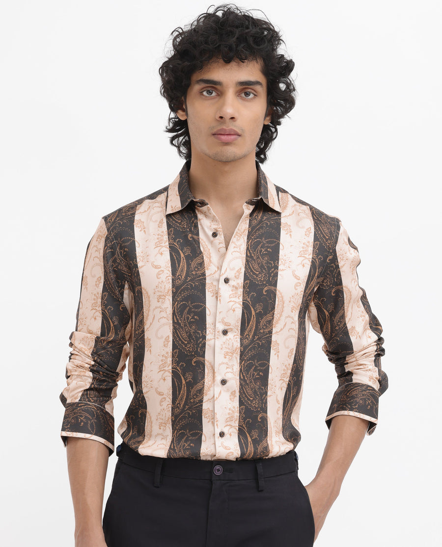 Rare Rabbit Men's Faben Beige Viscose Paisley Print Regular Fit Full Sleeve Collared Shirt