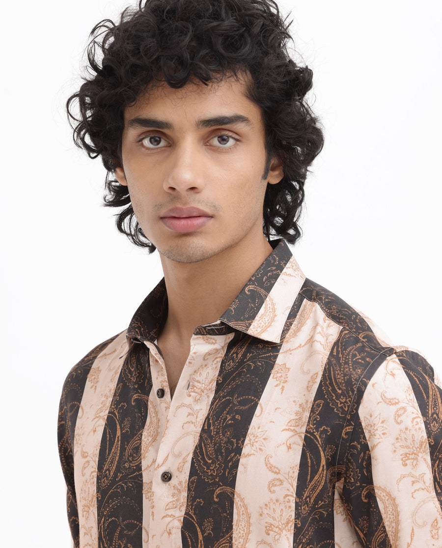 Rare Rabbit Men's Faben Beige Viscose Paisley Print Regular Fit Full Sleeve Collared Shirt