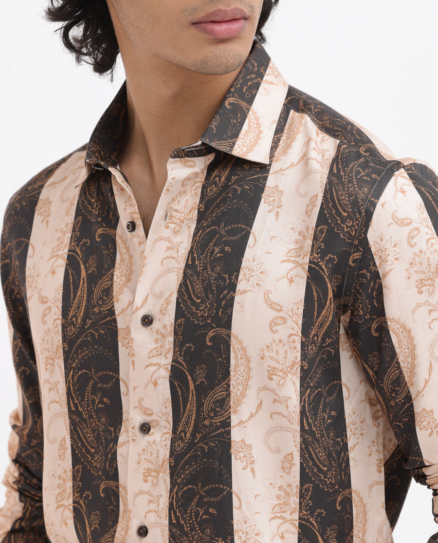 Rare Rabbit Men's Faben Beige Viscose Paisley Print Regular Fit Full Sleeve Collared Shirt