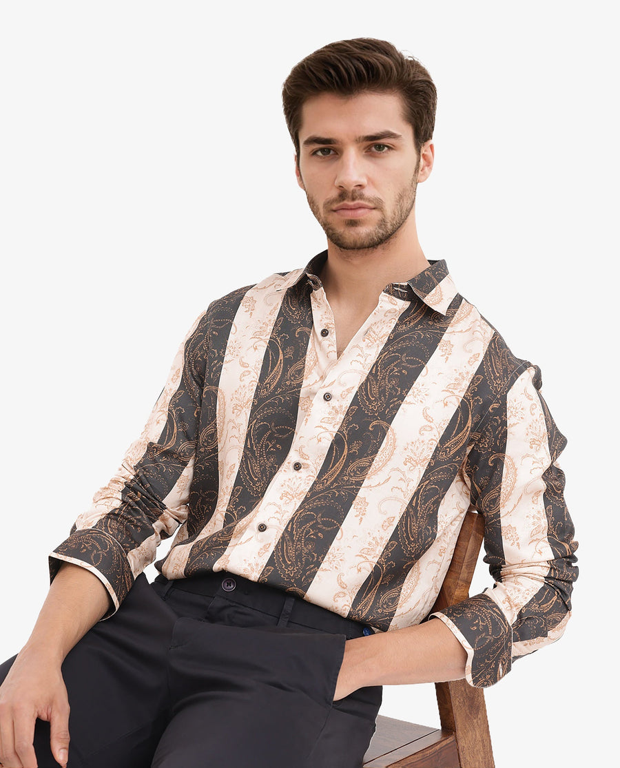 Rare Rabbit Men's Faben Beige Viscose Paisley Print Regular Fit Full Sleeve Collared Shirt