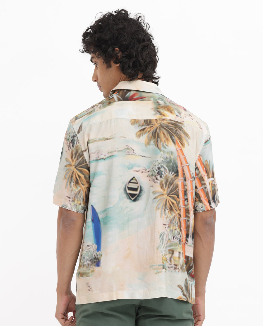 Rare Rabbit Men's Surfer Beige Viscose Tropical Print Boxy Fit Half Sleeve Cuban Collar Shirt