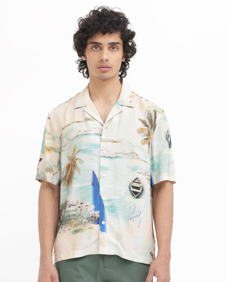 Rare Rabbit Men's Surfer Beige Viscose Tropical Print Boxy Fit Half Sleeve Cuban Collar Shirt