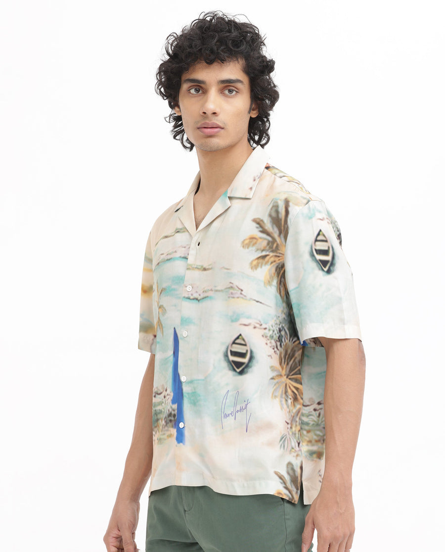 Rare Rabbit Men's Surfer Beige Viscose Tropical Print Boxy Fit Half Sleeve Cuban Collar Shirt