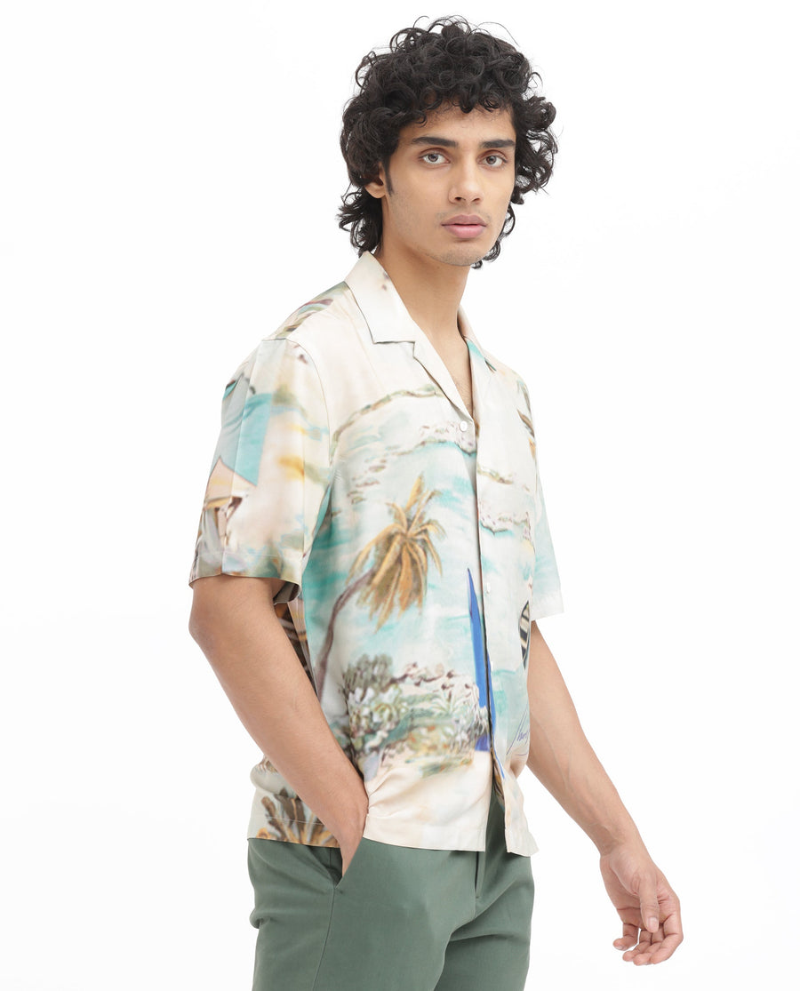 Rare Rabbit Men's Surfer Beige Viscose Tropical Print Boxy Fit Half Sleeve Cuban Collar Shirt