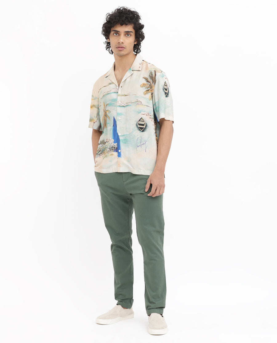 Rare Rabbit Men's Surfer Beige Viscose Tropical Print Boxy Fit Half Sleeve Cuban Collar Shirt