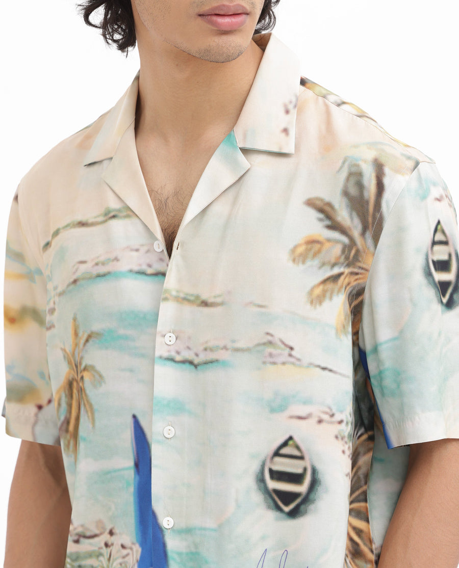 Rare Rabbit Men's Surfer Beige Viscose Tropical Print Boxy Fit Half Sleeve Cuban Collar Shirt