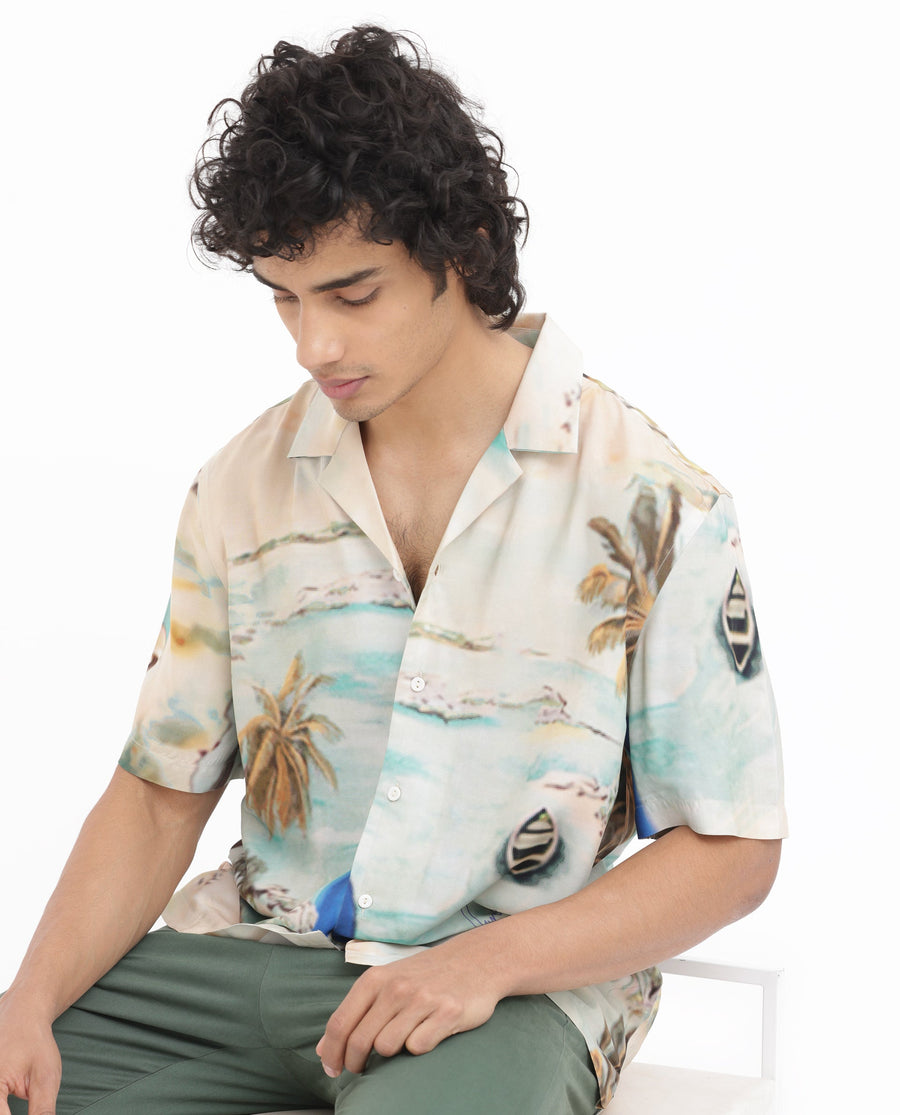 Rare Rabbit Men's Surfer Beige Viscose Tropical Print Boxy Fit Half Sleeve Cuban Collar Shirt