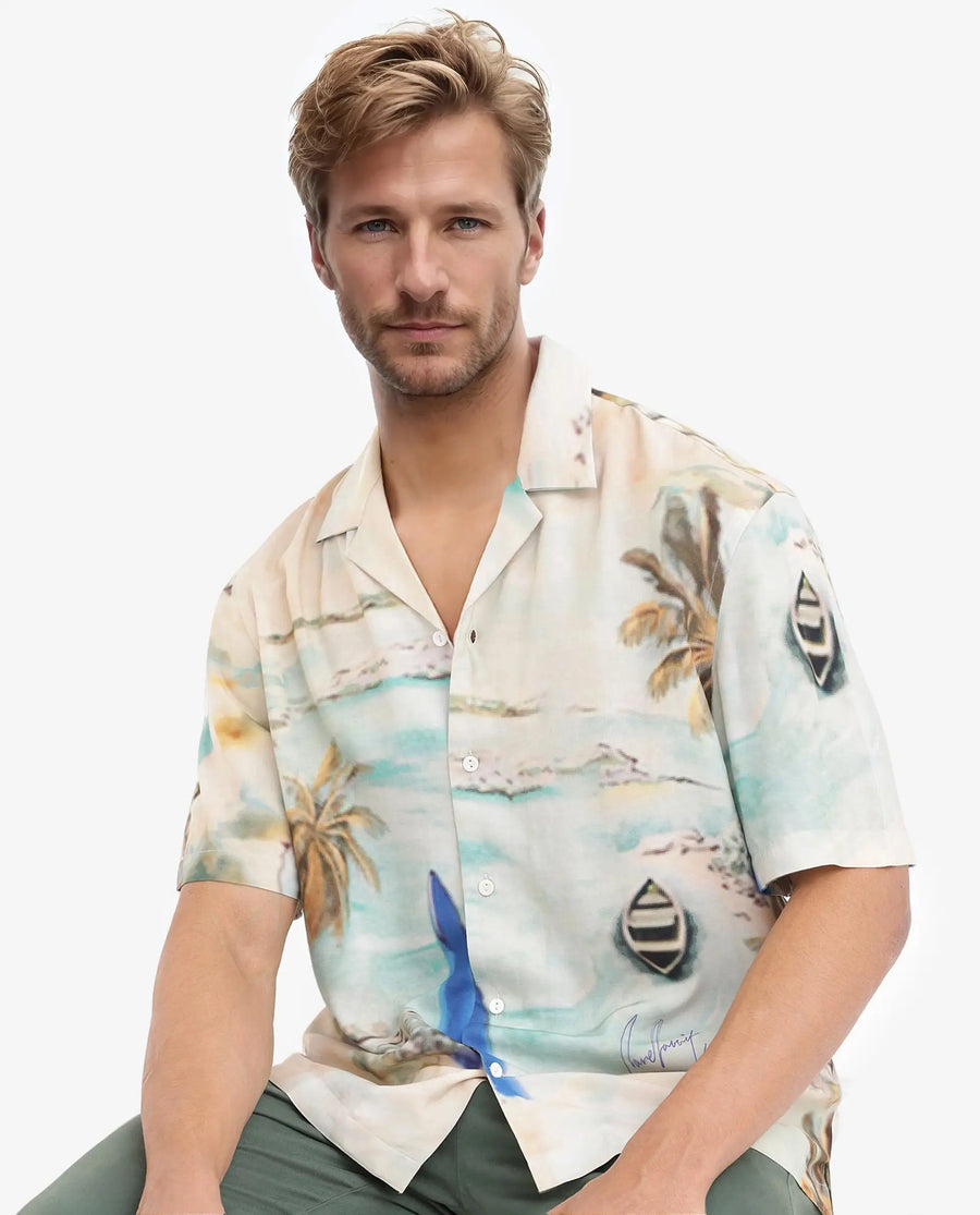 Rare Rabbit Men's Surfer Beige Viscose Tropical Print Boxy Fit Half Sleeve Cuban Collar Shirt